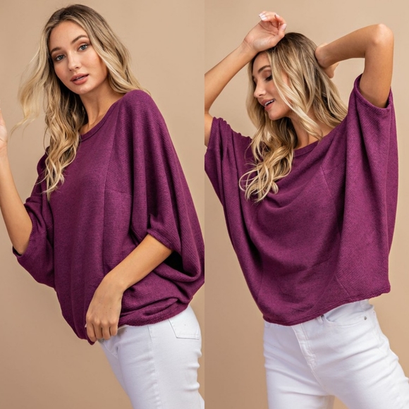 Tops - 2 LEFT! Plum hacci brushed knit dolman sleeve top